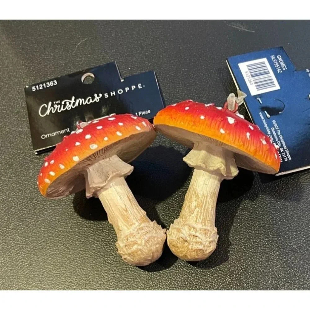 Red White Gnome Dome Toadstool Mushroom Christmas Ornaments‎ Set Of 2 NEW #1